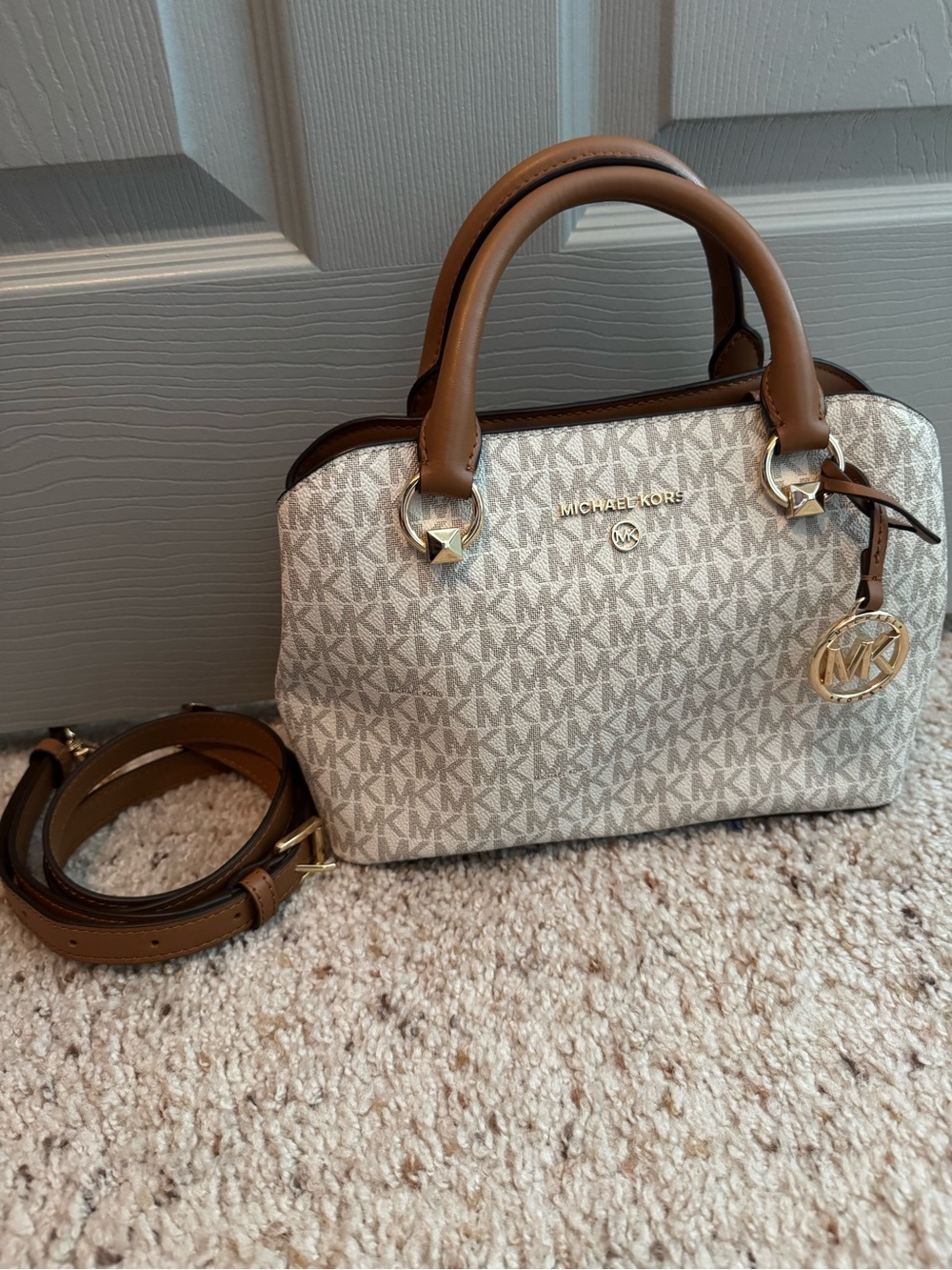 Michael Kors Edith Signature Monogram Small Satchel Bag - Vanilla/Acorn